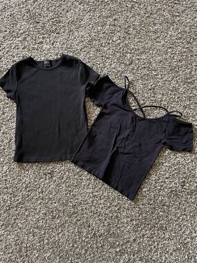 Set of 2 Black Women's Tops - Ribbed Tee + Cold-Shoulder Cami XS